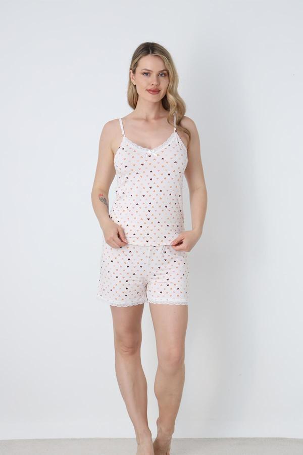 Kadın Kalp Desenli Dantel Detay İp Askılı Şort Takım | Ekru 50115-1442 - Image 1