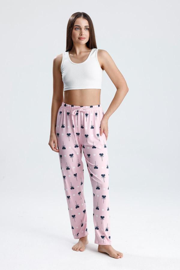 Kadın Desenli Uzun Pijama Pantolon | Pembe - Image 1