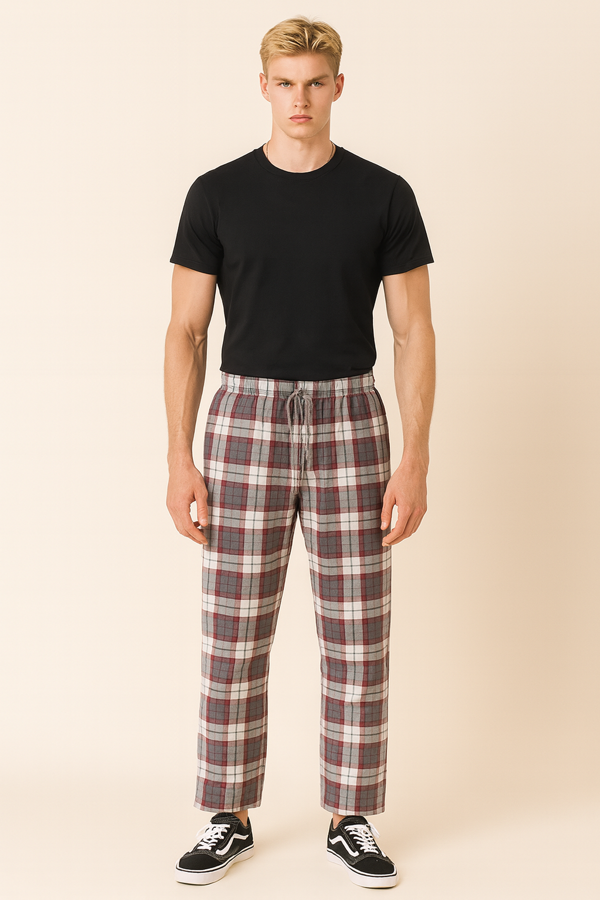 Erkek %100 Pamuk Cepli Ekose Pijama Altı | Gri - Image 1