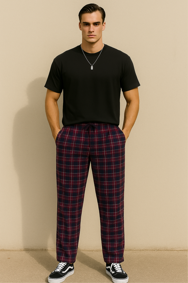 Erkek %100 Pamuk Cepli Ekose Pijama Altı | Bordo - Image 1