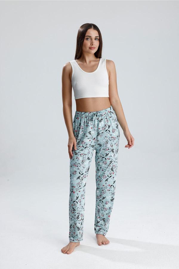 Kadın Çiçek Desenli Uzun Pijama Pantolon | Yeşil - Image 1