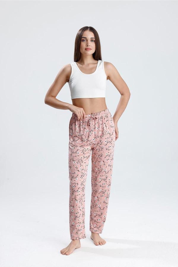 Kadın Çiçek Desenli Uzun Pijama Pantolon  | Pembe - Image 1