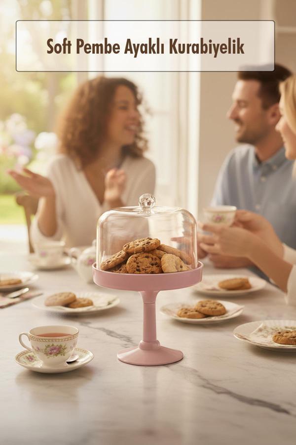 Soft Pembe Akrilik Ayaklı Kurabiyelik & Kapaklı Sunum Standı - 2 Parça - Image 1