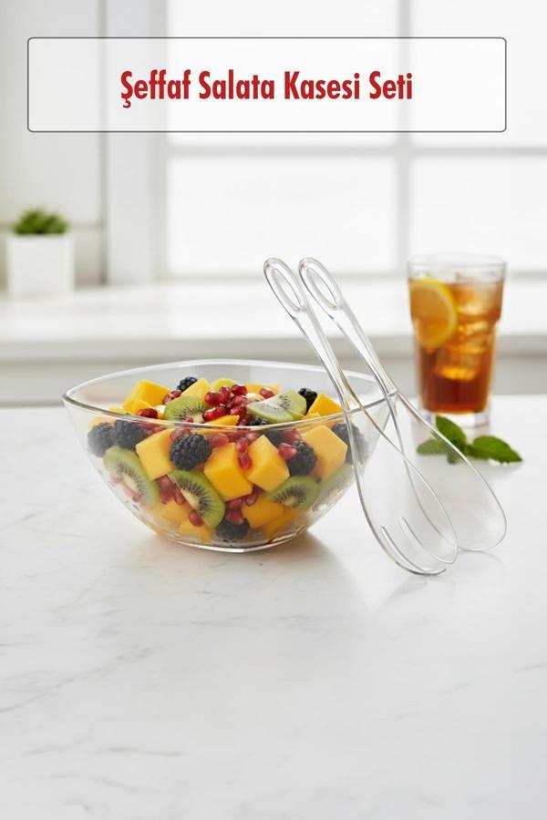 3,5 Lt Şeffaf Akrilik Salata Servis Kasesi ve Çatal Kaşık Seti - 3 Parça - Image 1