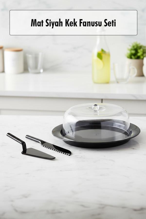 Akrilik Mat Siyah Kek Fanusu ve Servis Seti - 33 x 39 x 14 cm - Image 1