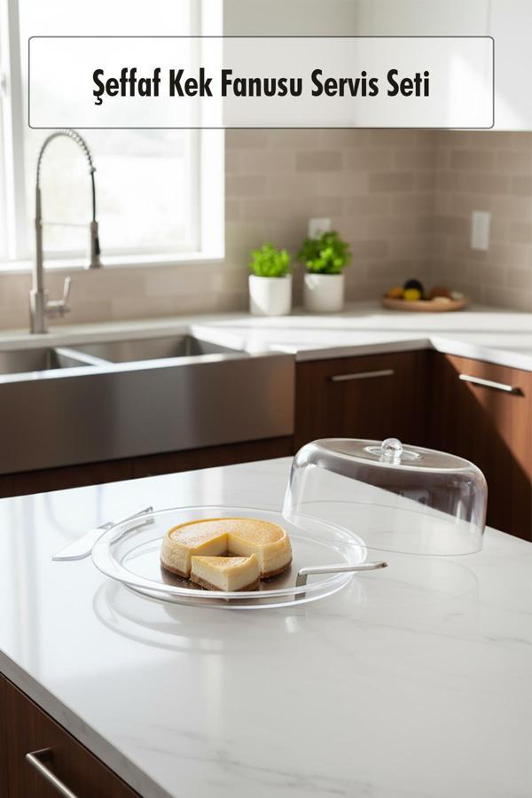 Şeffaf Akrilik Kek Fanusu ve Servis Seti – 33 x 39 x 14 cm (4 Parça) - Image 1