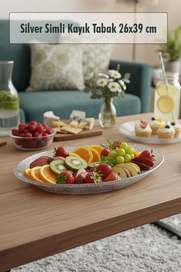 Silver Simli Büyük Kayık Tabak Sunum & Servis Tabağı - 26,5 x 39,5 cm - Image 1