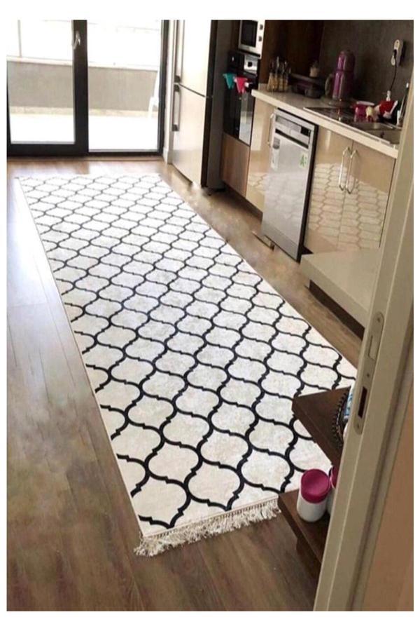 Sty Home Kupa Kaymaz Tabanlı Yıkanabilir Halı Kilim Yolluk Beyaz Siyah - Image 1