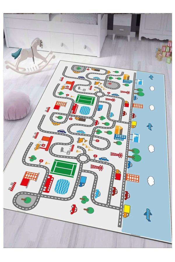 Sty Home Gri Araba Yollu Trafik Yıkanabilir Kaymaz Taban Bebek Ve Çocuk Odası Halısı Matı - Image 1