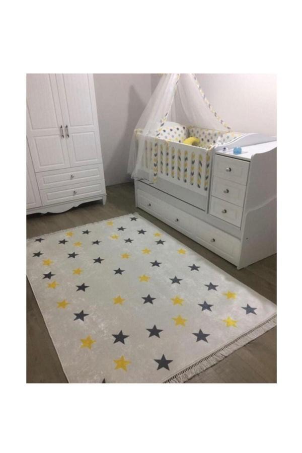 Sty Home Yıldız Sarı Gri Kaymaz Tabanlı Halı Yıkanabilir Halı Kilim Yolluk Beyaz - Image 1