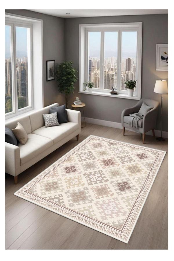 Sty Home Batik Kaymaz Tabanlı Yıkanabilir Halı Kilim Yolluk Krem Kahve Rengi - Image 1