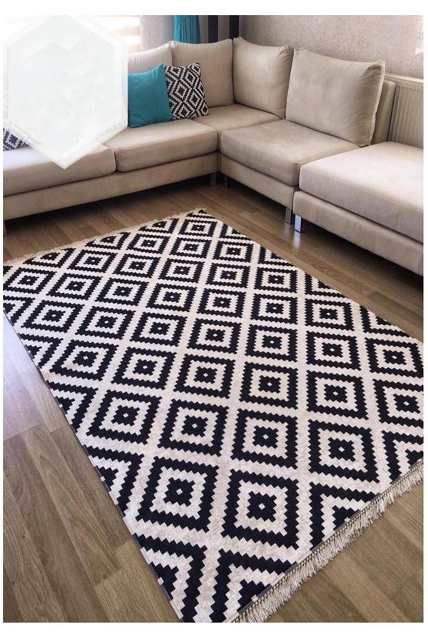 Sty Home Baklava Kaymaz Tabanlı Yıkanabilir Halı Kilim Yolluk Beyaz Siyah - Image 1