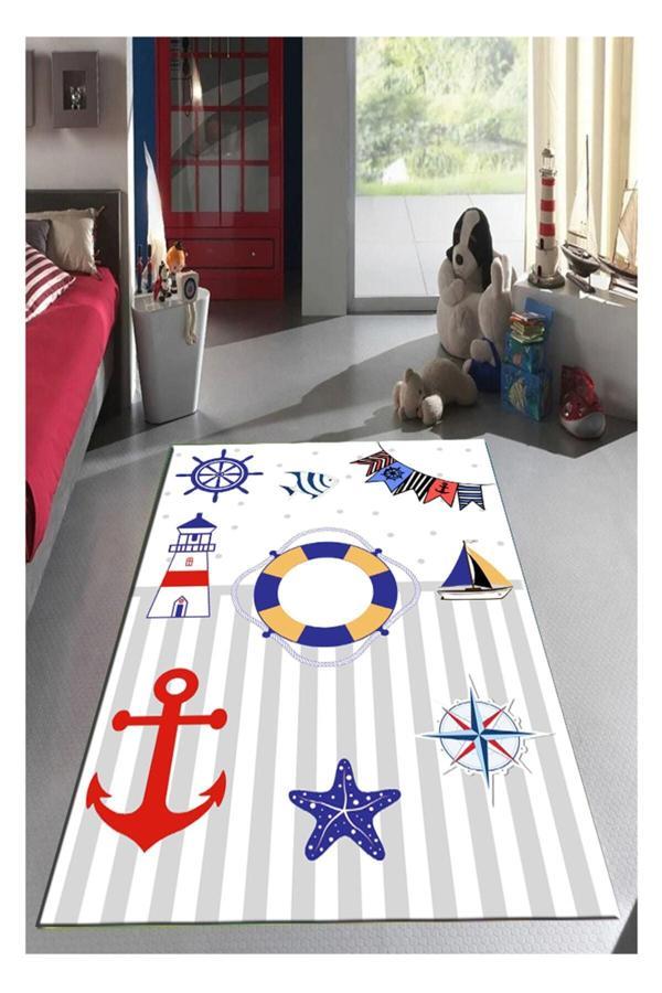 Sty Home Denizci Çocuk Kaymaz Tabanlı Halı Makinede Yıkanabilir Halı Yolluk Gri Mavi - Image 1