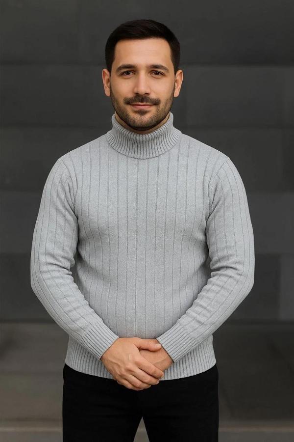 Erkek Balıkcı Yaka Bağazlı Triko Kazak Pamuklu Kalın Fitilli Dokuma, Regular Fit Uzun Kollu Kışlık M - Image 1