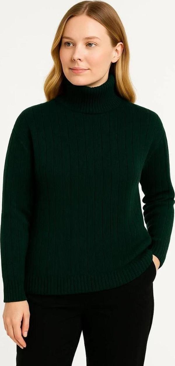 Kadın Balıkcı Yaka Bağazlı Triko Kazak Pamuklu Kalın Fitilli Dokuma - Haki - Image 1