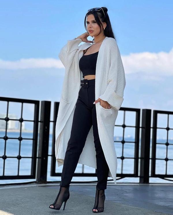 BİÇOMİ Yarasa kol uzun triko hırka beyaz - Image 1