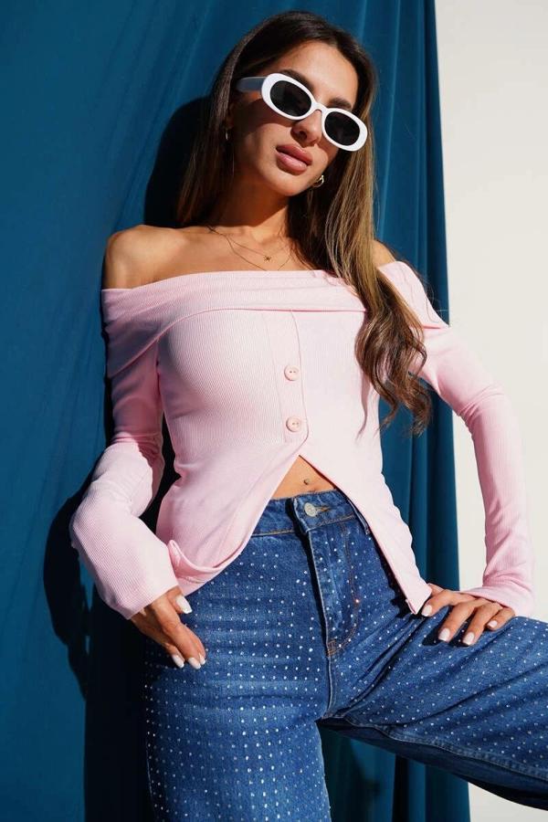 BİÇOMİ Madonna Yaka Düğmeli Bluz pembe t4329 - Image 1