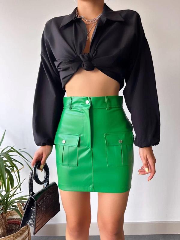 BİÇOMİ Önden iki cepli deri etek yeşil h240040 - Image 1