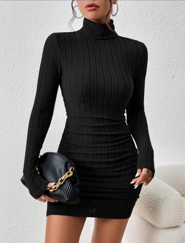 BİÇOMİ Fitilli boğazlı şardonlu elbise siyah - Image 1