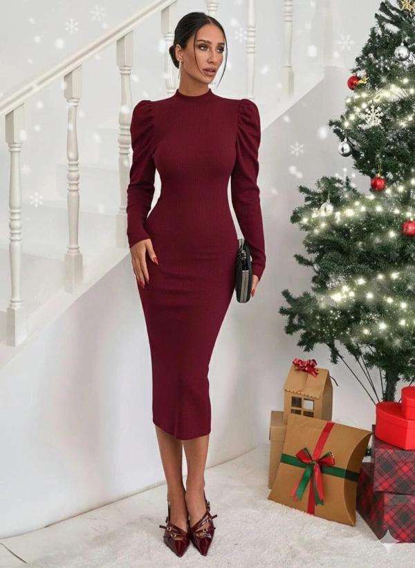 BİÇOMİ Prenses kol kaşkorse elbise bordo a3691 - Image 1