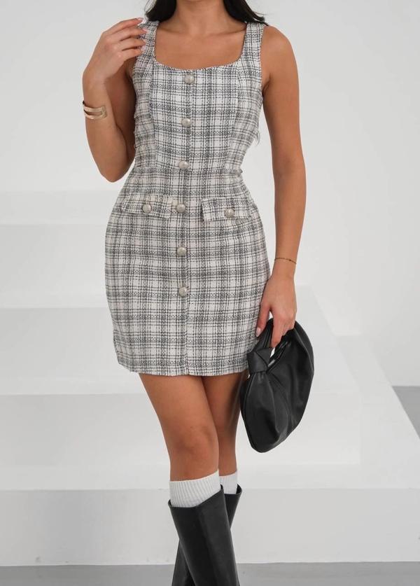 BİÇOMİ Askılı ch kumaş düğmeli elbise gribeyaz h265007 - Image 1