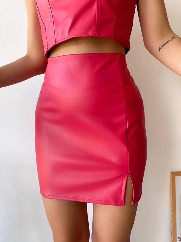 BİÇOMİ Tek yırtmaçlı arkadan fermuarlı deri etek fuşya s24475 - Image 1