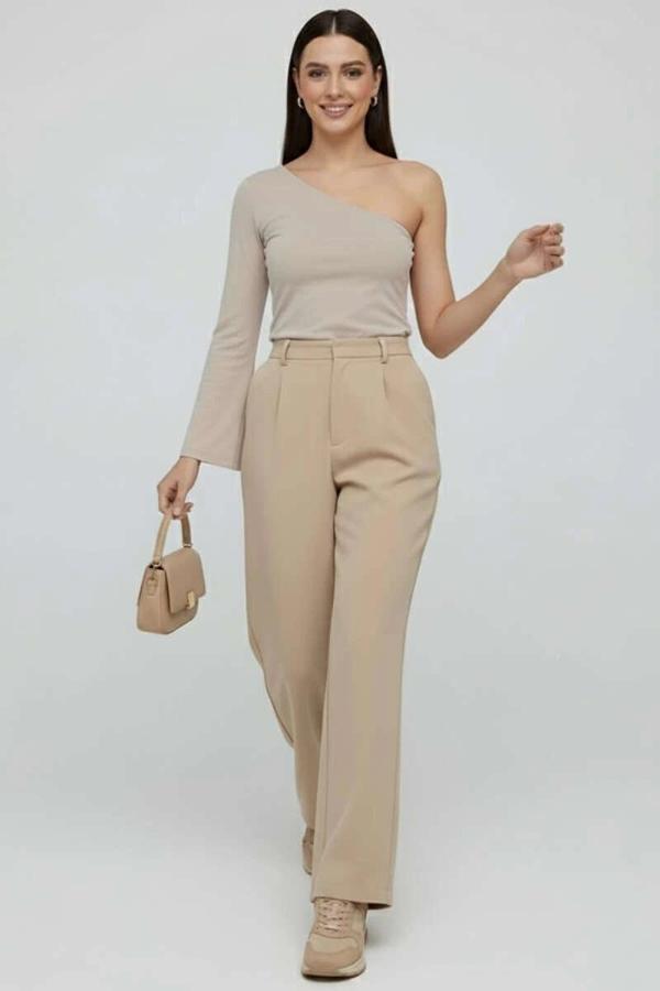 BİÇOMİ Tek Omuzlu Basic Bluz Vizon T4275 - Image 1