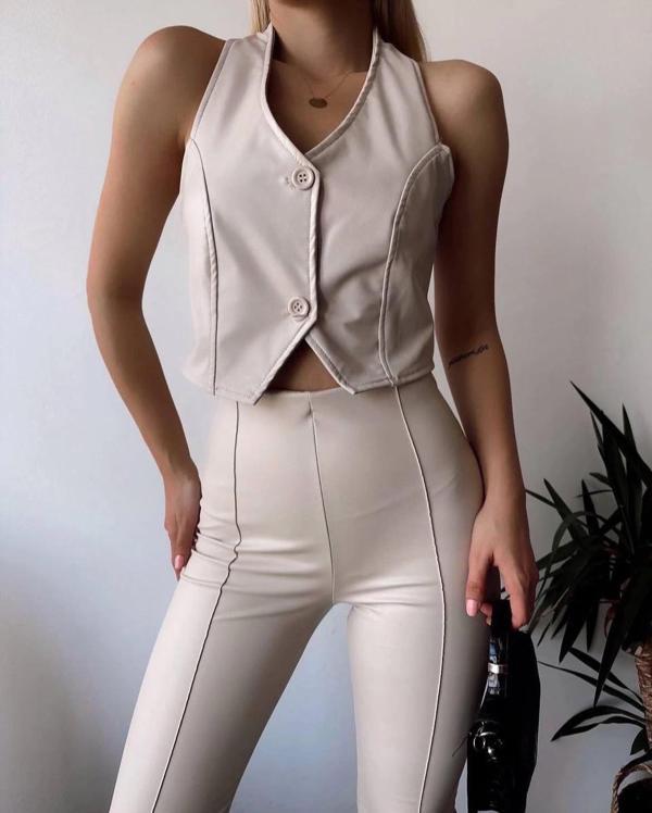 BİÇOMİ İki düğmeli deri yelek krem s243001 - Image 1