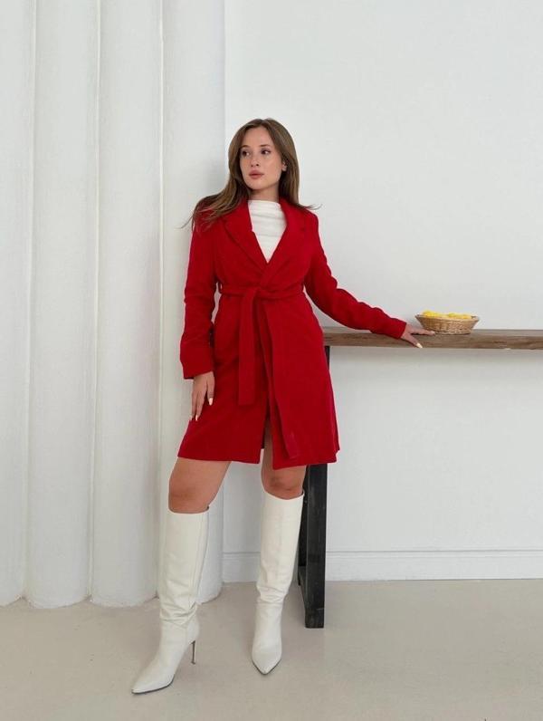 BİÇOMİ Cepli kuşaklı kaşe kaban kırmızı st26458 - Image 1