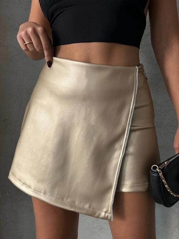 BİÇOMİ Taşlı şort etek deri gold h240018 - Image 1