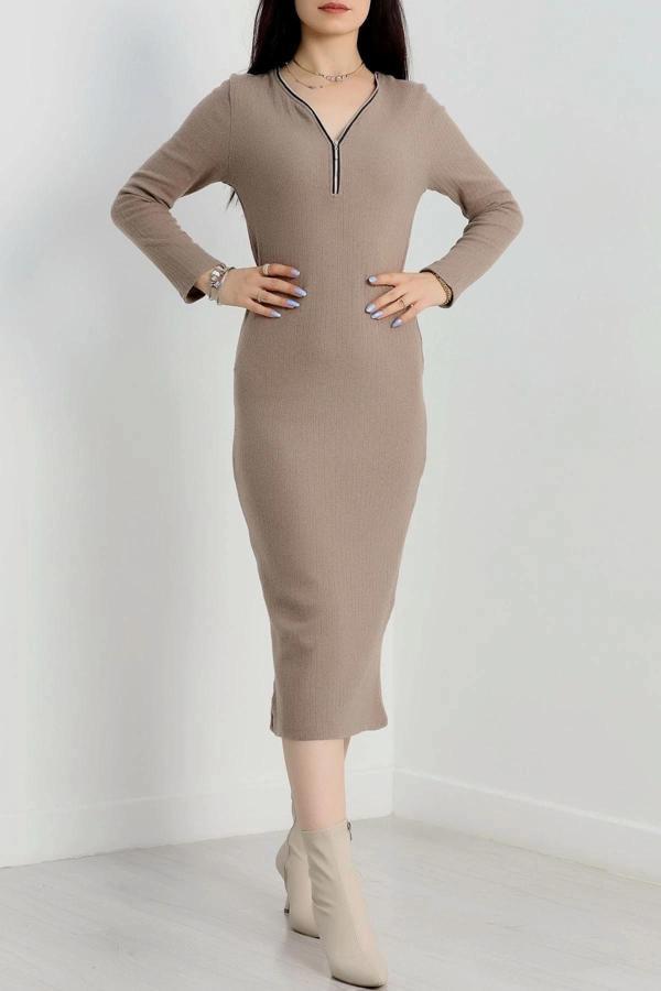 BİÇOMİ Fermuar detaylı fitilli şardonlu elbise bej a3178 - Image 1