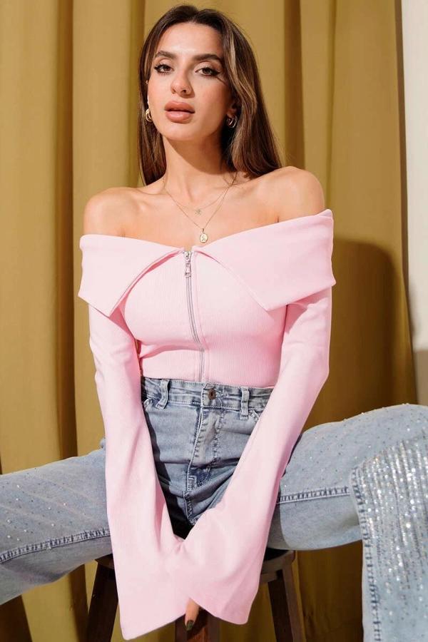 BİÇOMİ Omzu Açık Fermuarlı Bluz pembe T4330 - Image 1