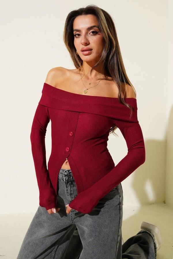 BİÇOMİ Madonna Yaka Düğmeli Bluz bordo t4329 - Image 1