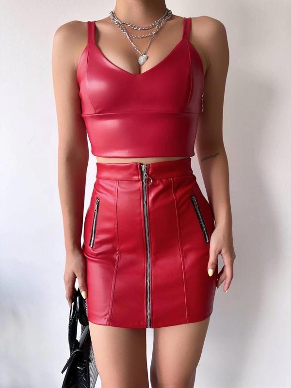 BİÇOMİ Üç fermuarlı deri etek bordo s24510 - Image 1