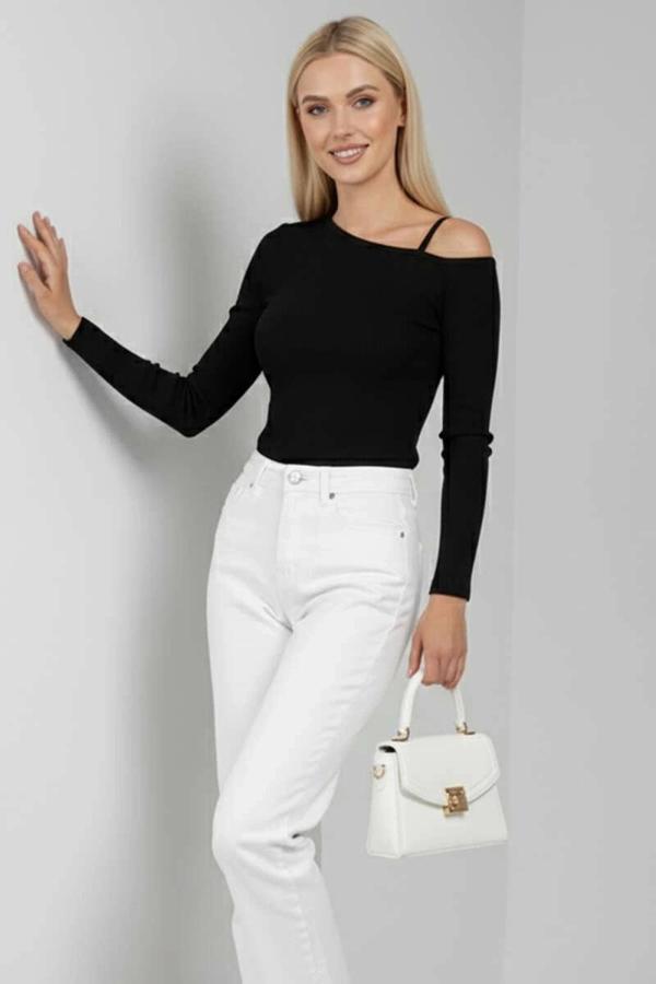 BİÇOMİ Tek Omuz İpli Bluz Siyah T4328 - Image 1