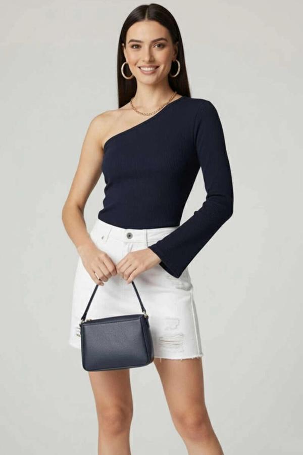BİÇOMİ Tek Omuzlu Basic Bluz Lacivert T4275 - Image 1