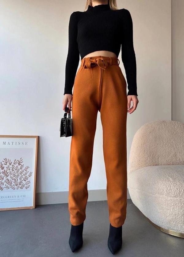 BİÇOMİ Kendinden kemerli triko pantolon camel - Image 1