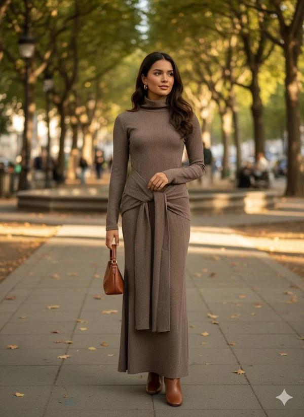 BİÇOMİ Kendinden kemerli uzun elbise vizon - Image 1