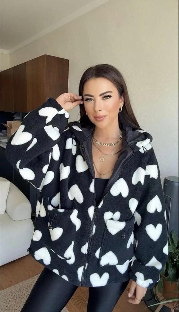 BİÇOMİ Kalpli peluş ceket içi astarlı siyahbeyaz - Image 1