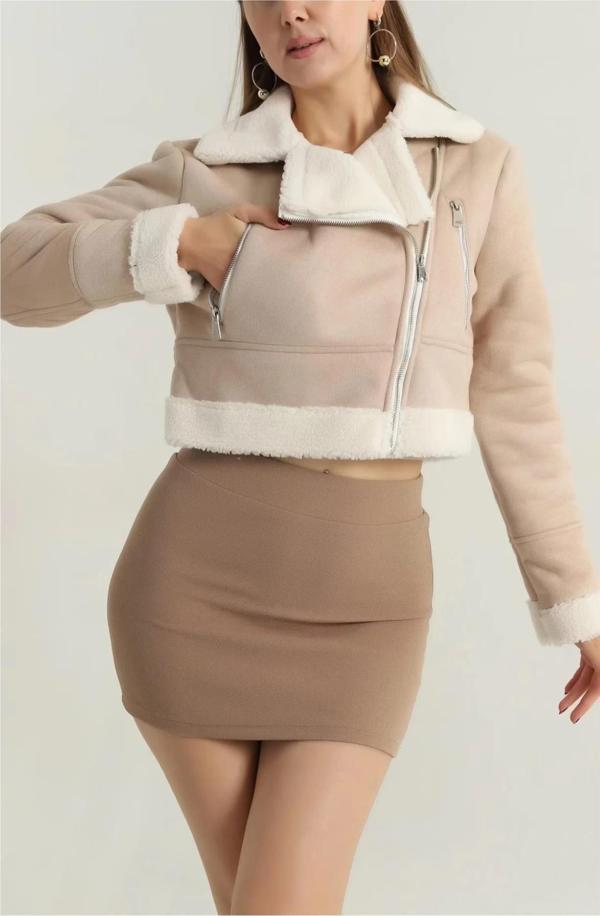 BİÇOMİ İçi kürklü dışı süet kısa kaban bej t1186 - Image 1