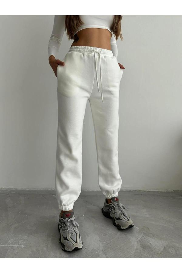 BİÇOMİ 3 iplik şardonlu paça lastikli eşofman beyaz is001 - Image 1