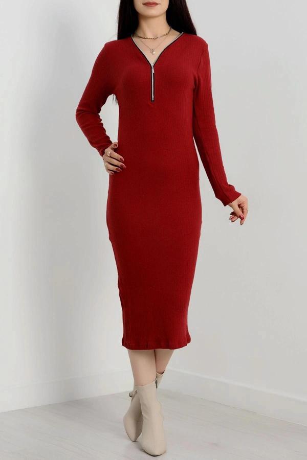 BİÇOMİ Fermuar detaylı fitilli şardonlu elbise bordo a3178 - Image 1