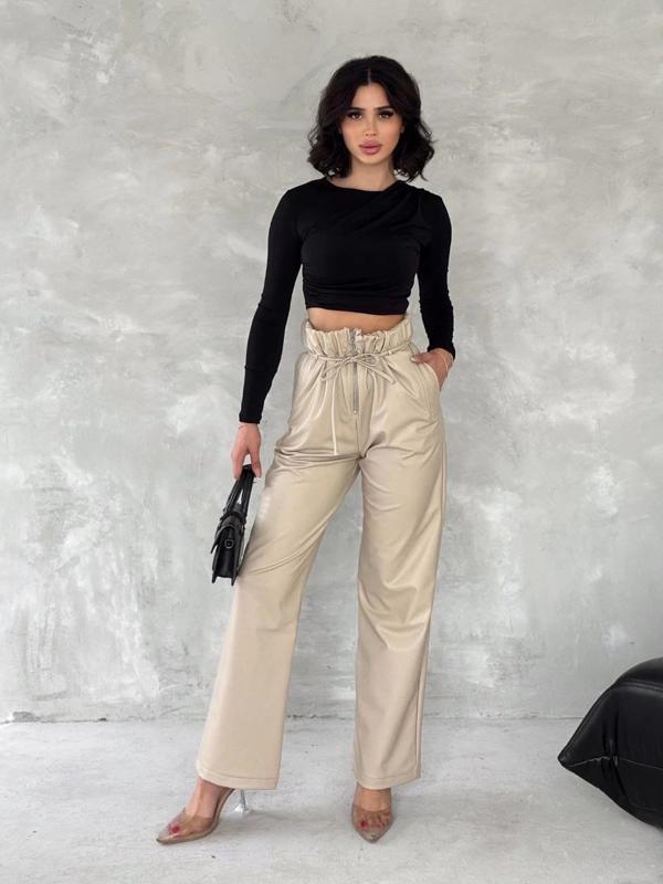 BİÇOMİ Kendinden ince kemerli deri pantolon bej t1178 - Image 1
