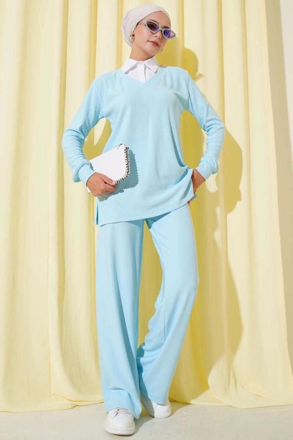 BİÇOMİ Gömlek Yaka Fitilli Salaş İkili Takım Buz Mavisi T4300 - Image 1