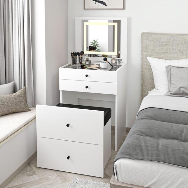 Luna Gizli Puflu Led Aynalı Makyaj Masası - Beyaz - Image 1