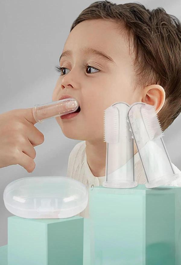 Mucit Home Slikon Parmak Bebek Diş Kaşıyıcı ve Şeffaf Renk Yumuşak Fırça Kutulu Erkek ve Kız Çocuk  - Image 1