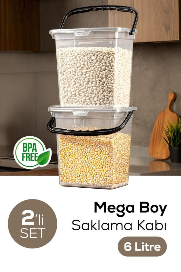 Mega Boy 2'li Kare Un Bakliyat Kabı 6 Litre - Kulplu Saklama Kutusu Kabı Şeffaf - Image 1