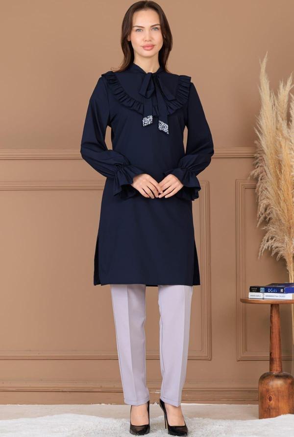 Asel Tunik Pantolon İkili Tesettür Takım Lacivert - Image 1