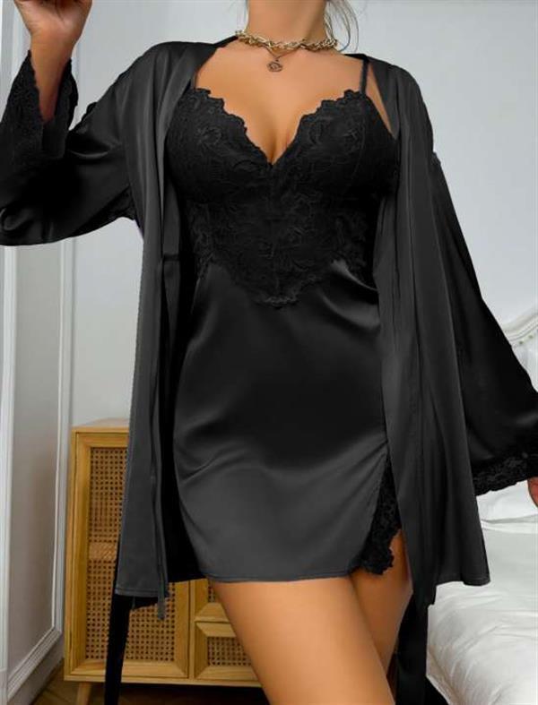 Amora Secret Dantel İşlemeli İnce Askılı Siyah 2'li Saten Gecelik Sabahlık Takımı - Image 1