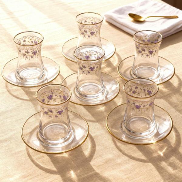GÜRAL PORSELEN Güral Cam 12 Parça 6 Kişilik Çay Takımı Mor Çiçek - Image 1